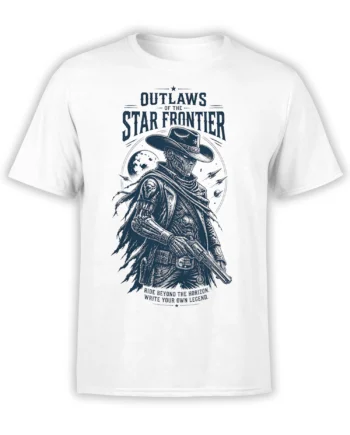 White T-shirt with a masked cowboy outlaw, rifle, stars, moon, and “Outlaws of the Star Frontier” lettering
