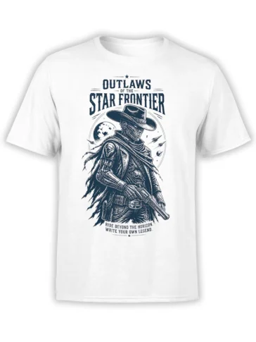 White T-shirt with a masked cowboy outlaw, rifle, stars, moon, and “Outlaws of the Star Frontier” lettering