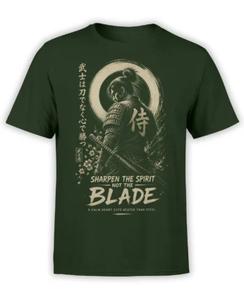 Armored samurai with sword, moon circle, and cream lettering printed on a dark green T-shirt