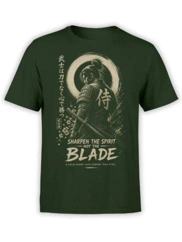 Armored samurai with sword, moon circle, and cream lettering printed on a dark green T-shirt