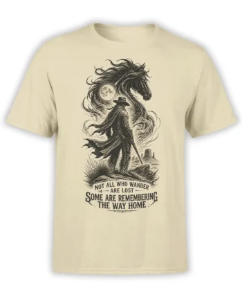 Vintage cowboy and large horse beneath a full moon on a beige western graphic T-shirt