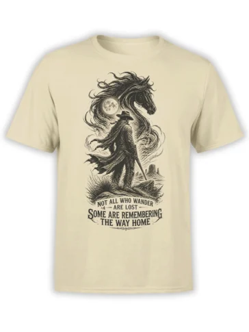 Vintage cowboy and large horse beneath a full moon on a beige western graphic T-shirt