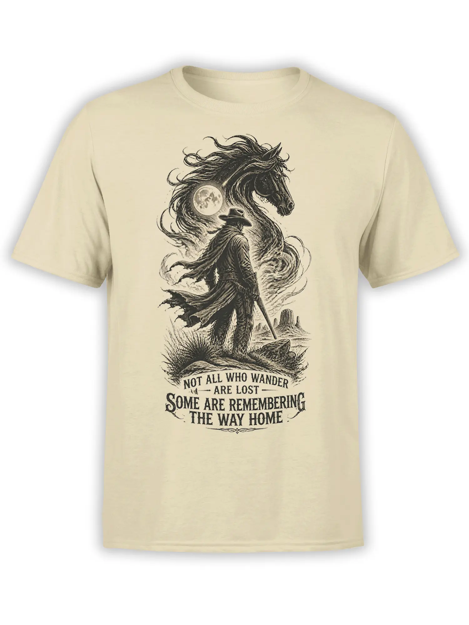 Vintage cowboy and large horse beneath a full moon on a beige western graphic T-shirt