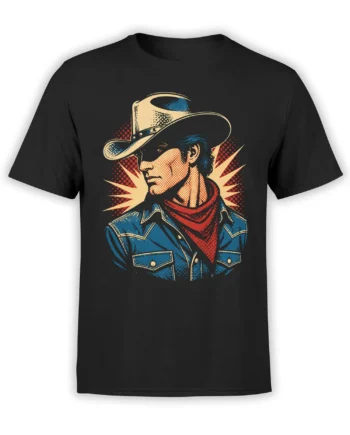 Vintage pop art cowboy portrait with cream hat and red scarf on a black T-shirt