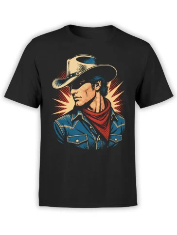 Vintage pop art cowboy portrait with cream hat and red scarf on a black T-shirt