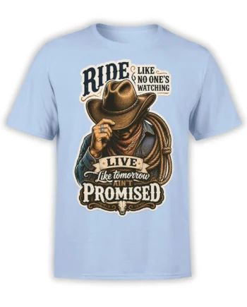 Light blue cowboy T-shirt with shadowed rider, rope, skull detail, and bold vintage western lettering