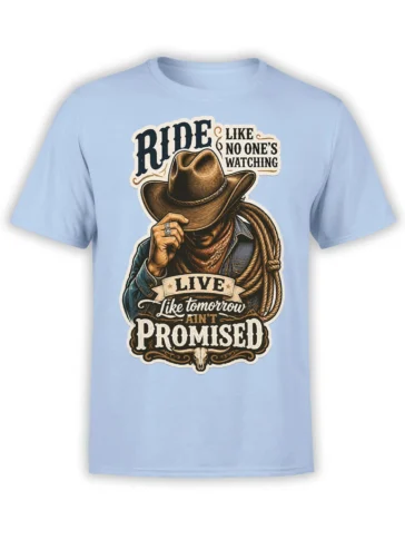 Light blue cowboy T-shirt with shadowed rider, rope, skull detail, and bold vintage western lettering