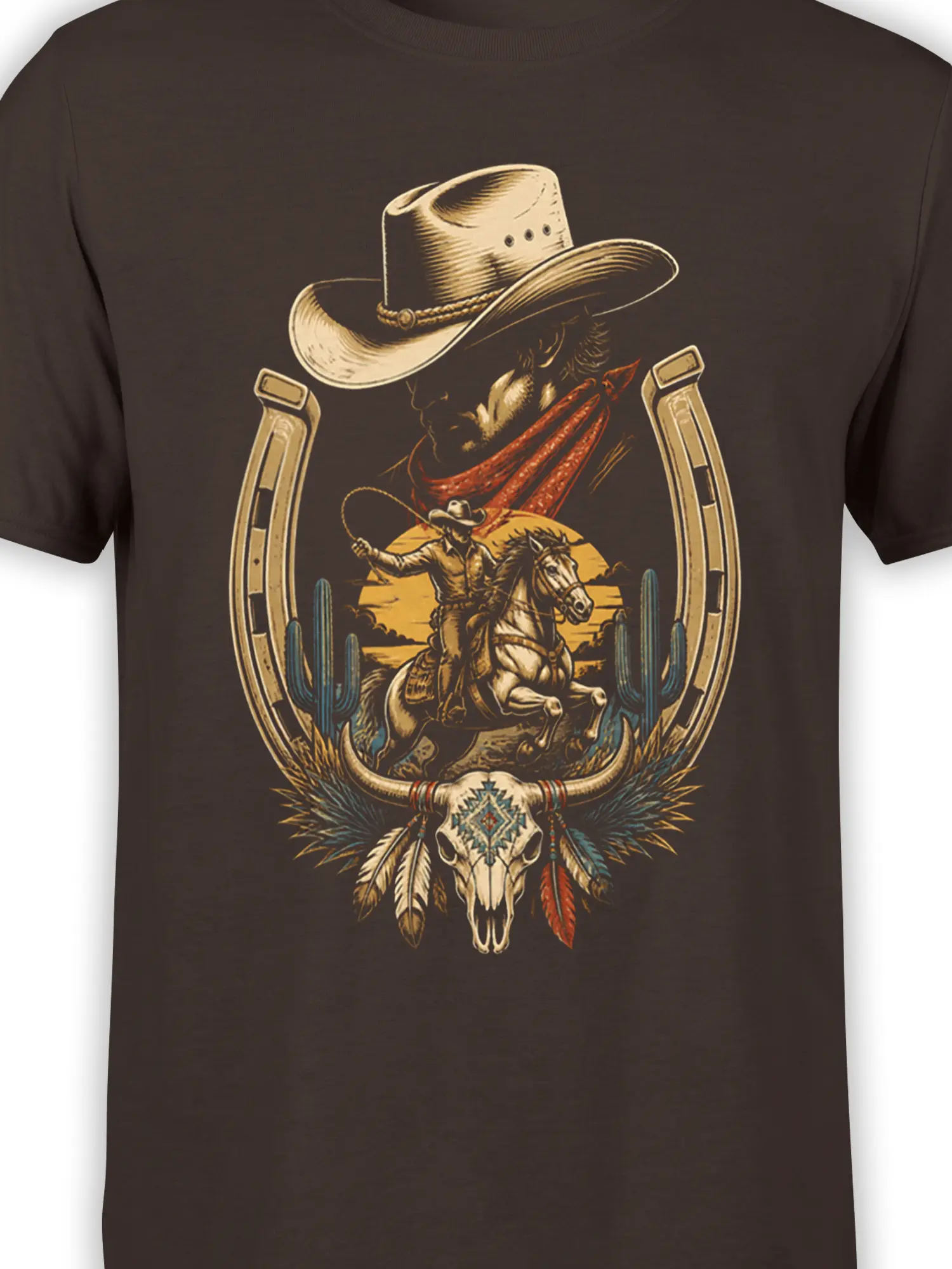Close-up of cowboy, horse, cactus, horseshoes, and horned skull Western design on brown fabric