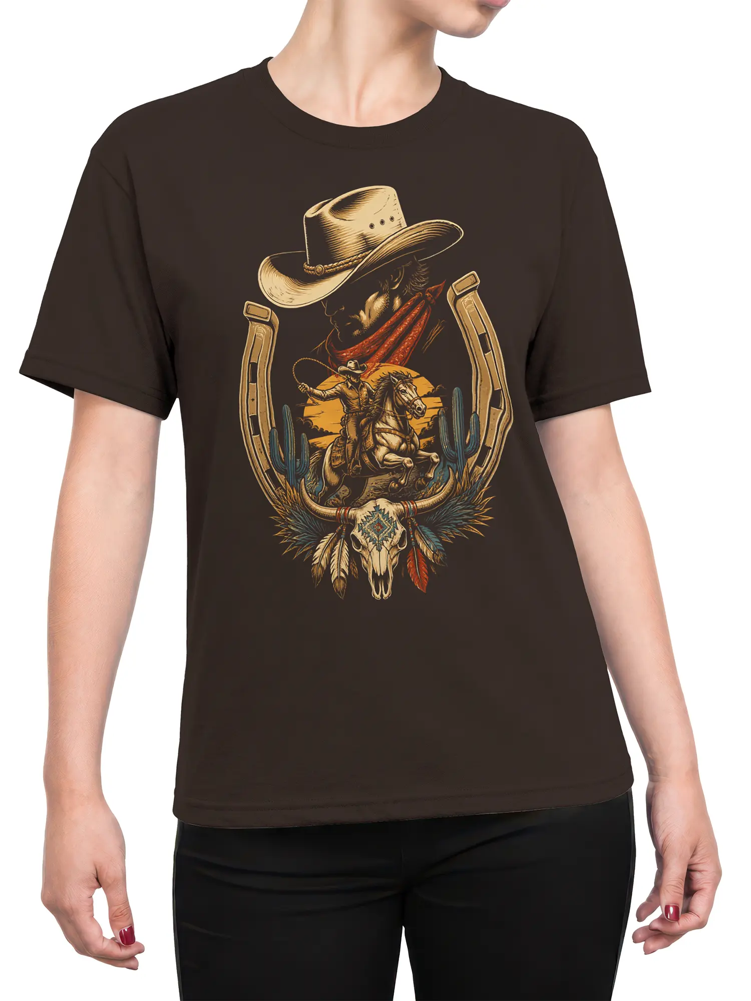 Female torso wearing a brown T-shirt with vintage cowboy, horse, cactus, and horned skull artwork