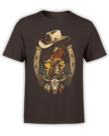 Vintage cowboy riding a horse with cactus and horned skull artwork on a brown T-shirt