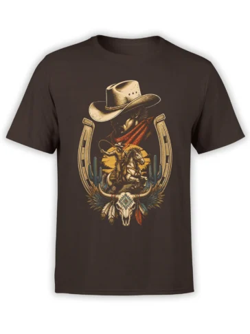 Vintage cowboy riding a horse with cactus and horned skull artwork on a brown T-shirt