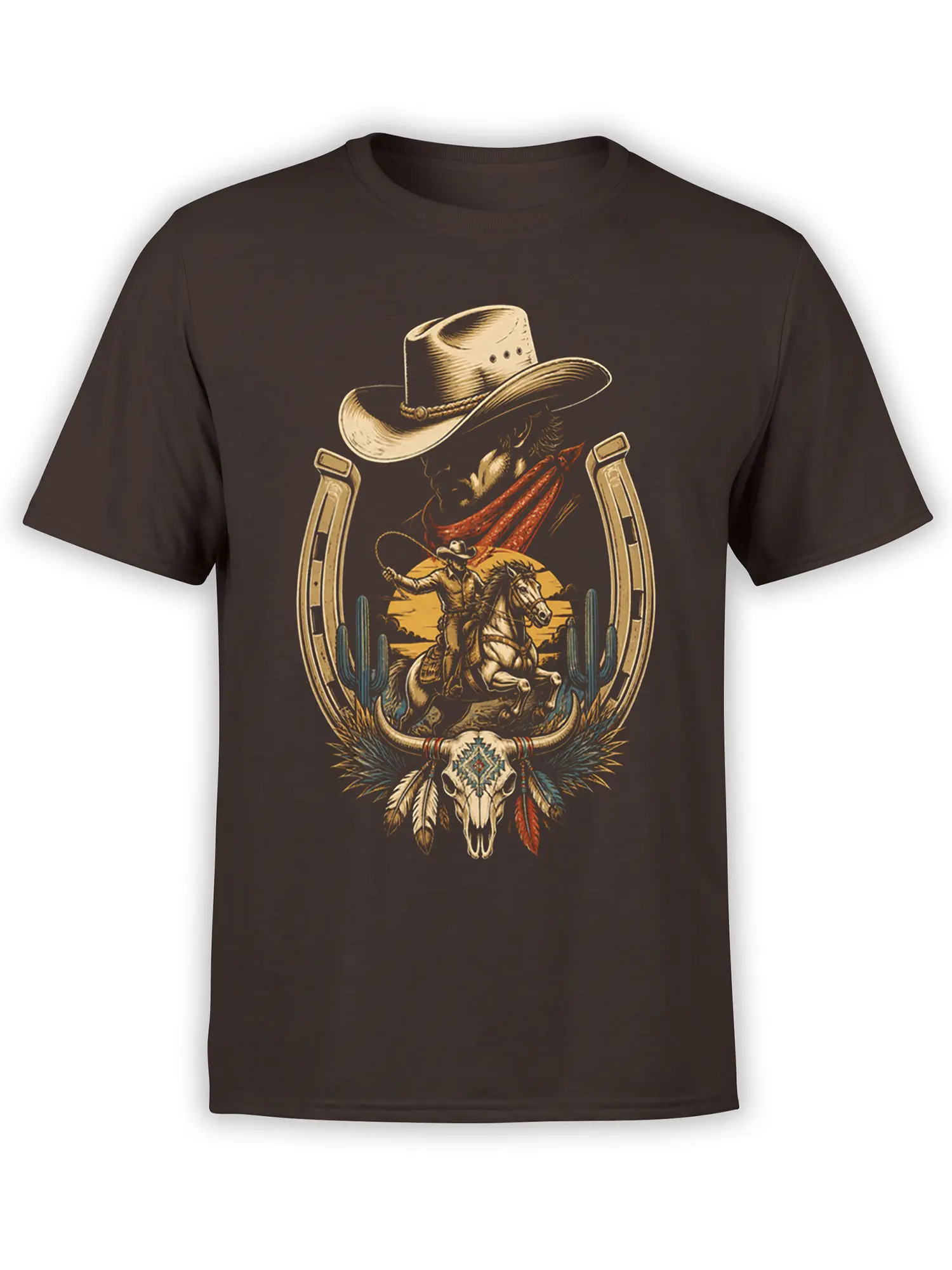 Vintage cowboy riding a horse with cactus and horned skull artwork on a brown T-shirt