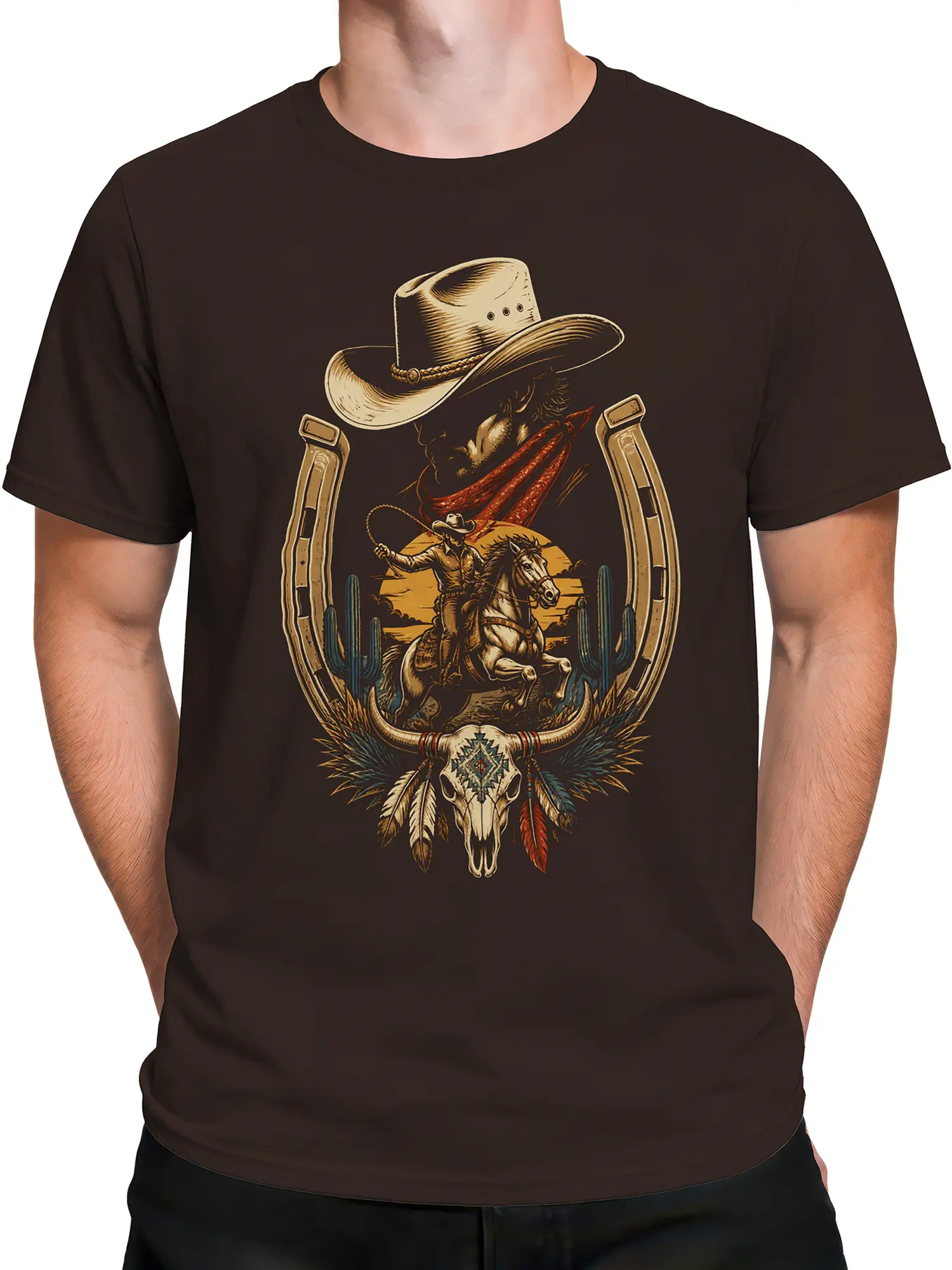 Male torso wearing a brown T-shirt with vintage horseback cowboy and horned skull artwork