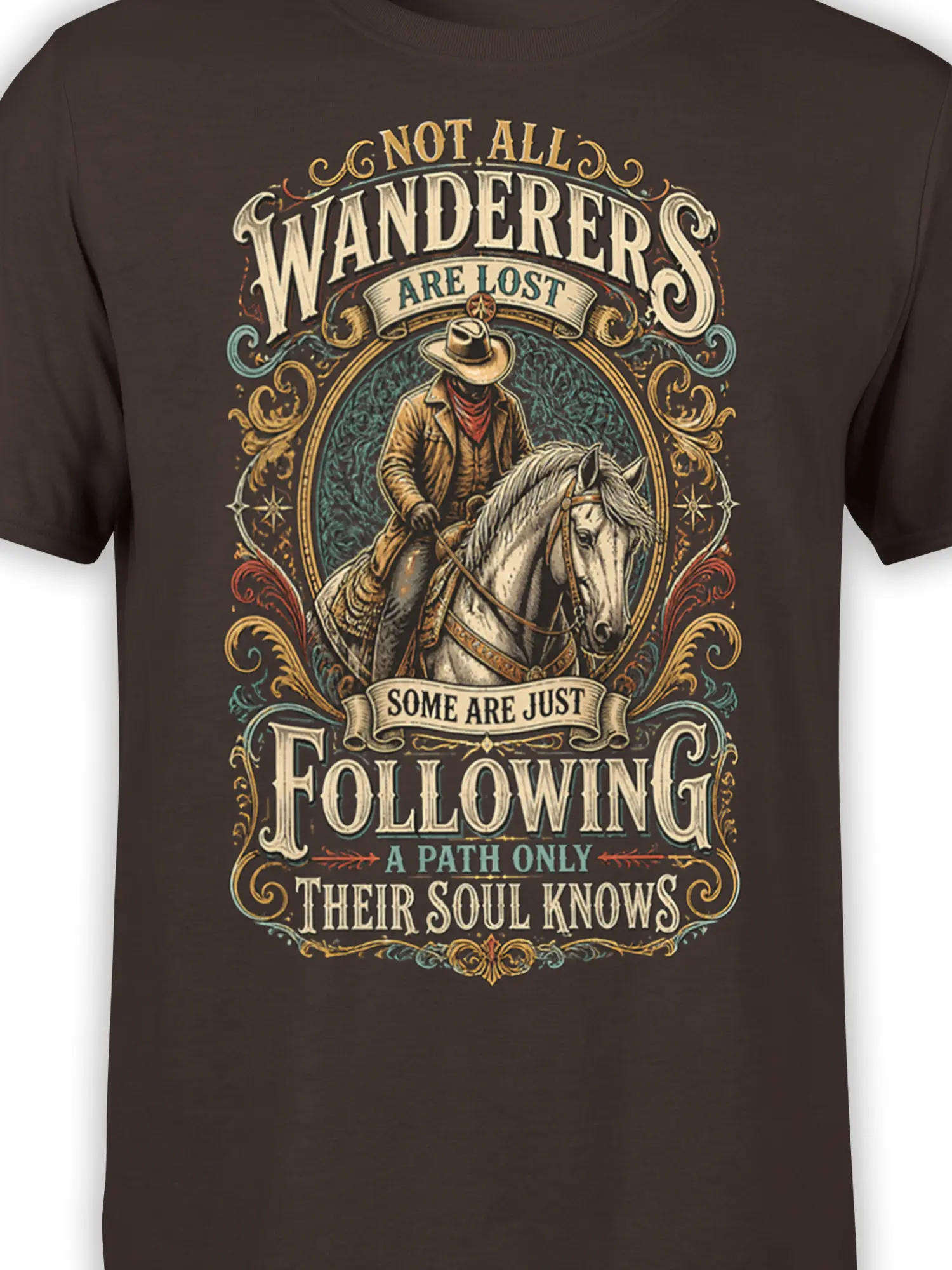 Close-up of cowboy and pale horse artwork with vintage scrollwork and wanderer lettering on brown fabric