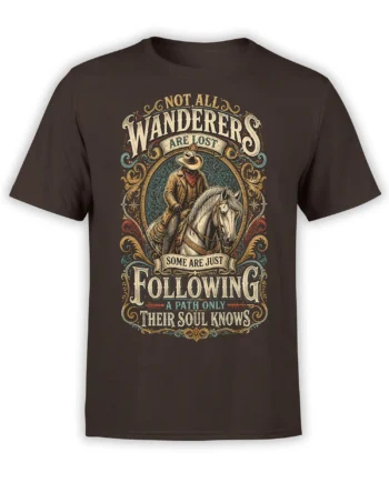 Brown T-shirt with vintage cowboy rider, pale horse, ornate lettering, and a soulful wanderer quote