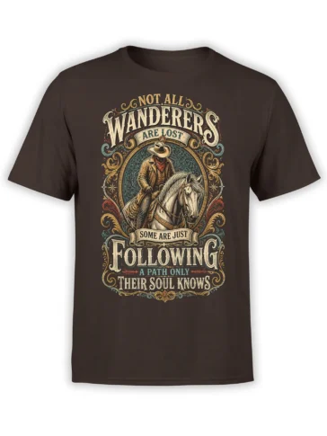 Brown T-shirt with vintage cowboy rider, pale horse, ornate lettering, and a soulful wanderer quote