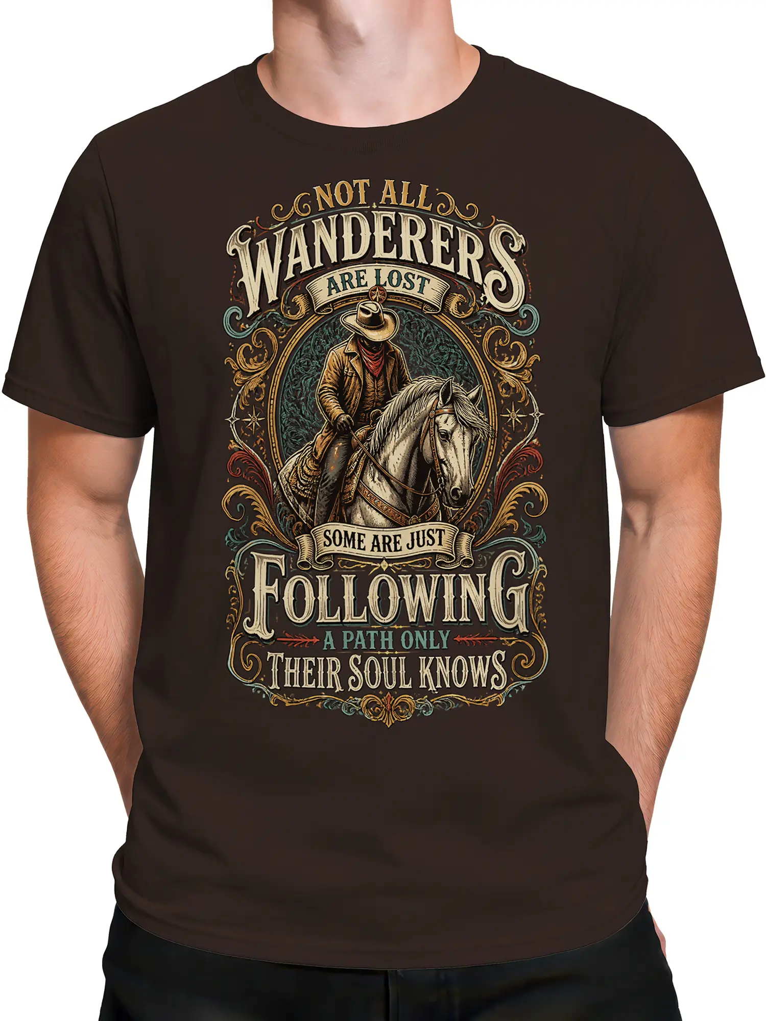 Male torso wearing brown vintage cowboy T-shirt with pale horse and wanderer quote design