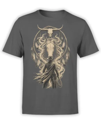 Dark gray cowboy t-shirt with a horned bull skull, feathers, smoke, and a lasso in vintage artwork