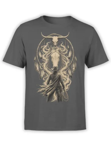 Dark gray cowboy t-shirt with a horned bull skull, feathers, smoke, and a lasso in vintage artwork