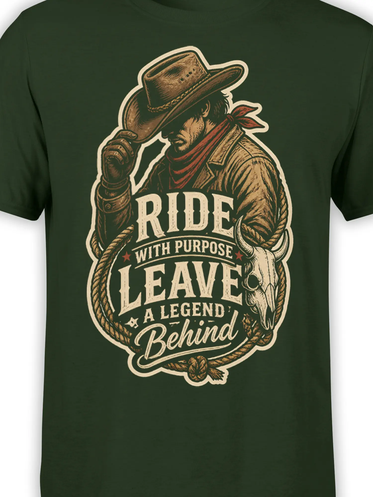 Close-up of cowboy, bull skull, rope, and vintage western lettering on a green graphic tee