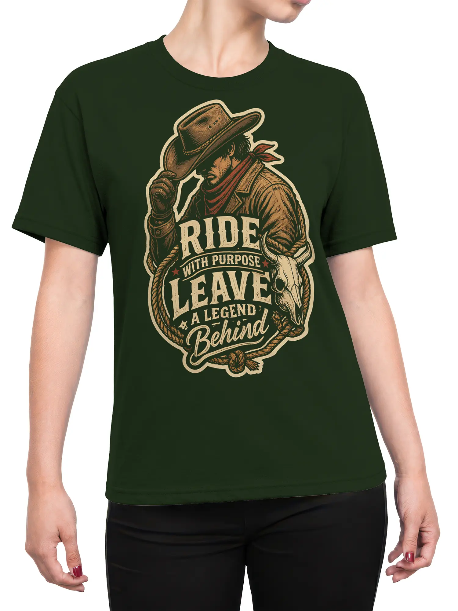 Female torso wearing a green T-shirt with a vintage cowboy and bull skull western graphic