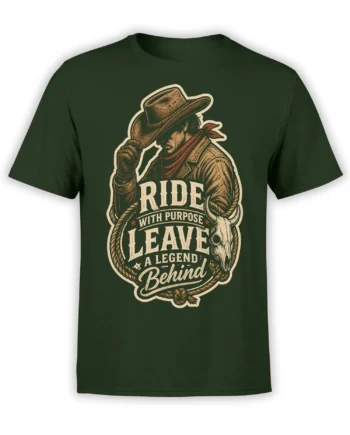 Vintage cowboy and bull skull graphic with “Ride With Purpose” lettering on a green T-shirt