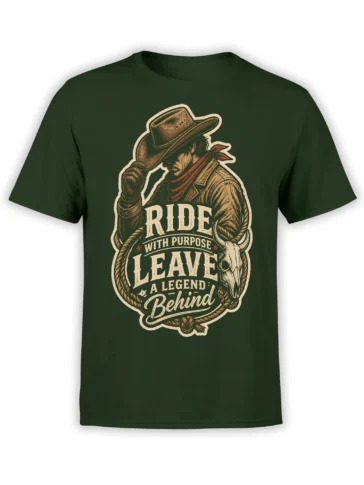Vintage cowboy and bull skull graphic with “Ride With Purpose” lettering on a green T-shirt