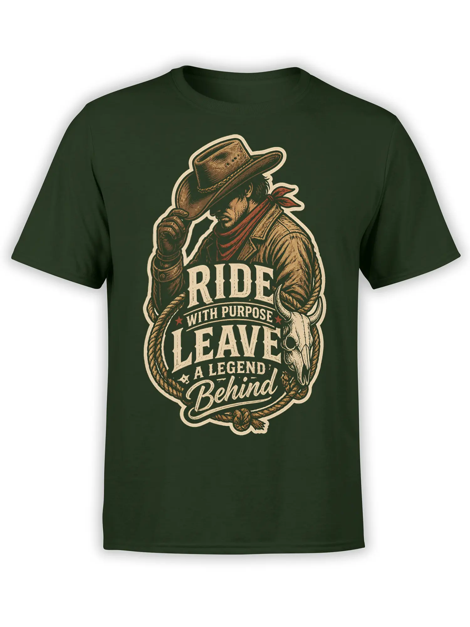 Vintage cowboy and bull skull graphic with “Ride With Purpose” lettering on a green T-shirt