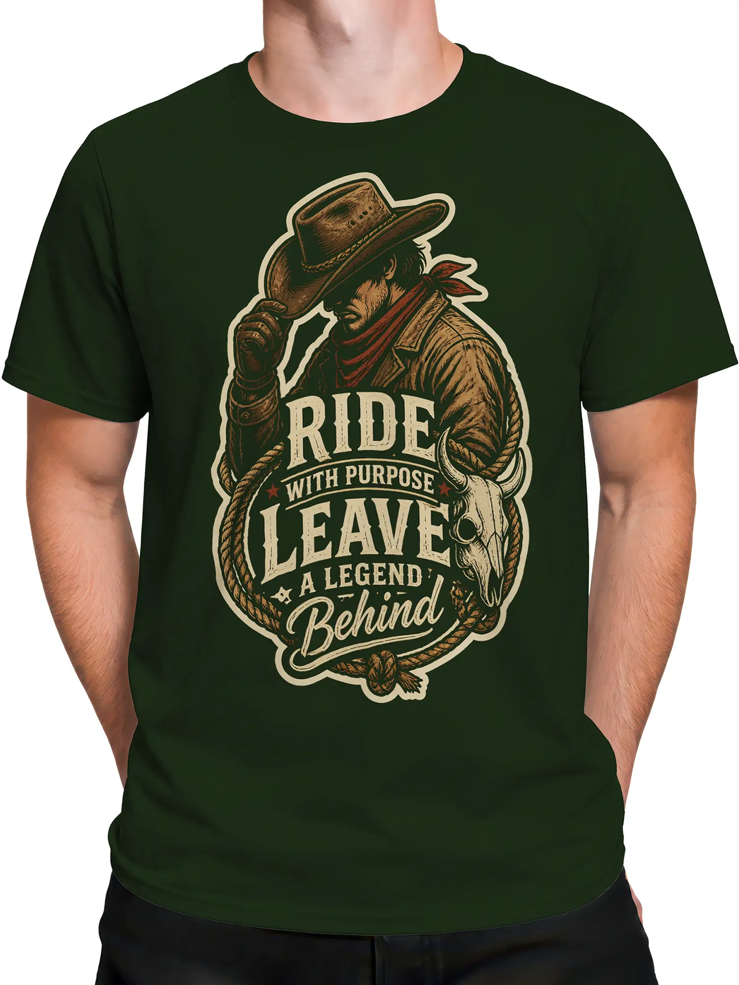 Male torso wearing a green T-shirt with a cowboy, bull skull, and “Leave a Legend Behind” design