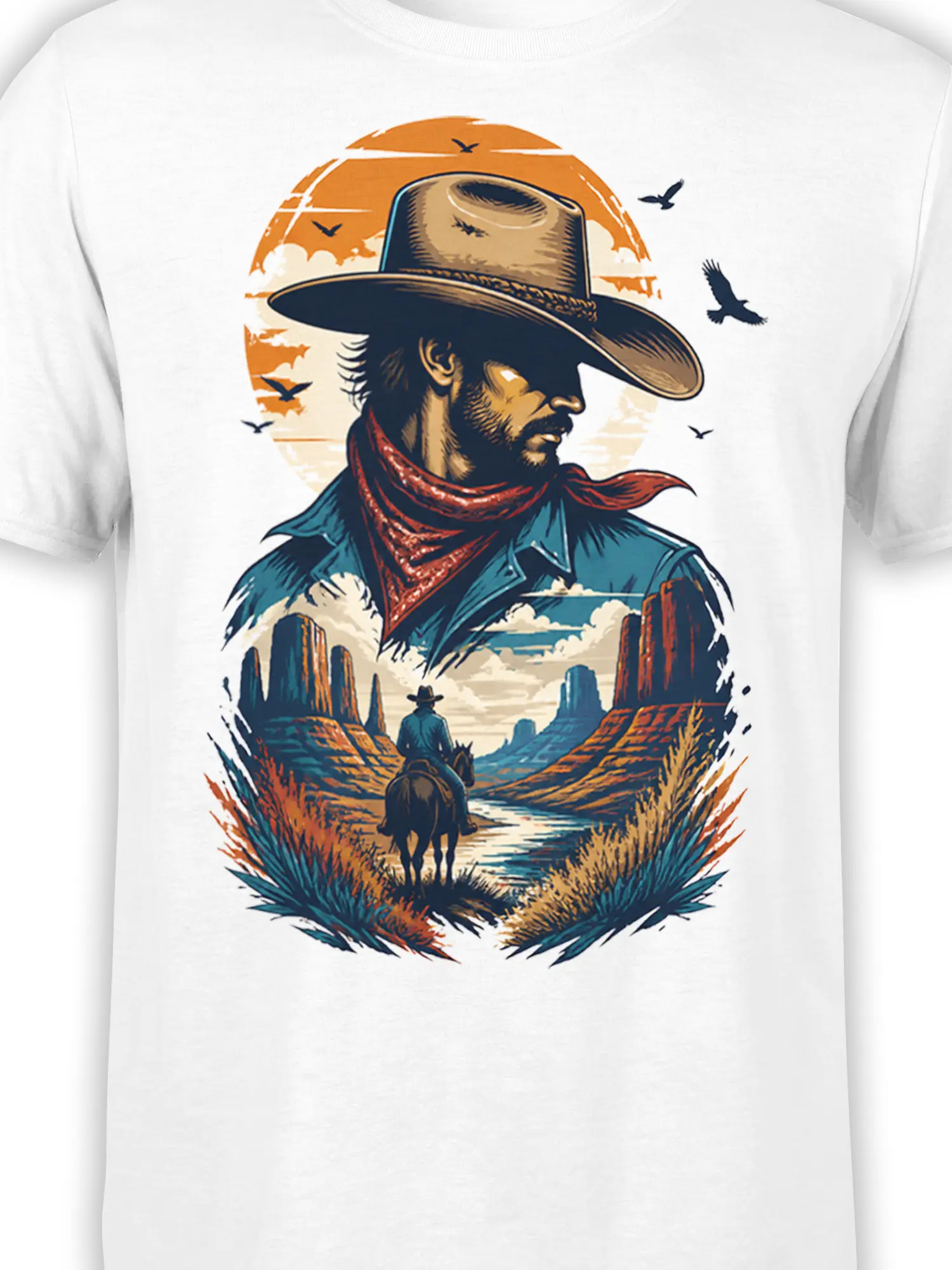 Close-up of vintage cowboy artwork with hat, red bandana, canyon, horse rider, and birds on a white shirt