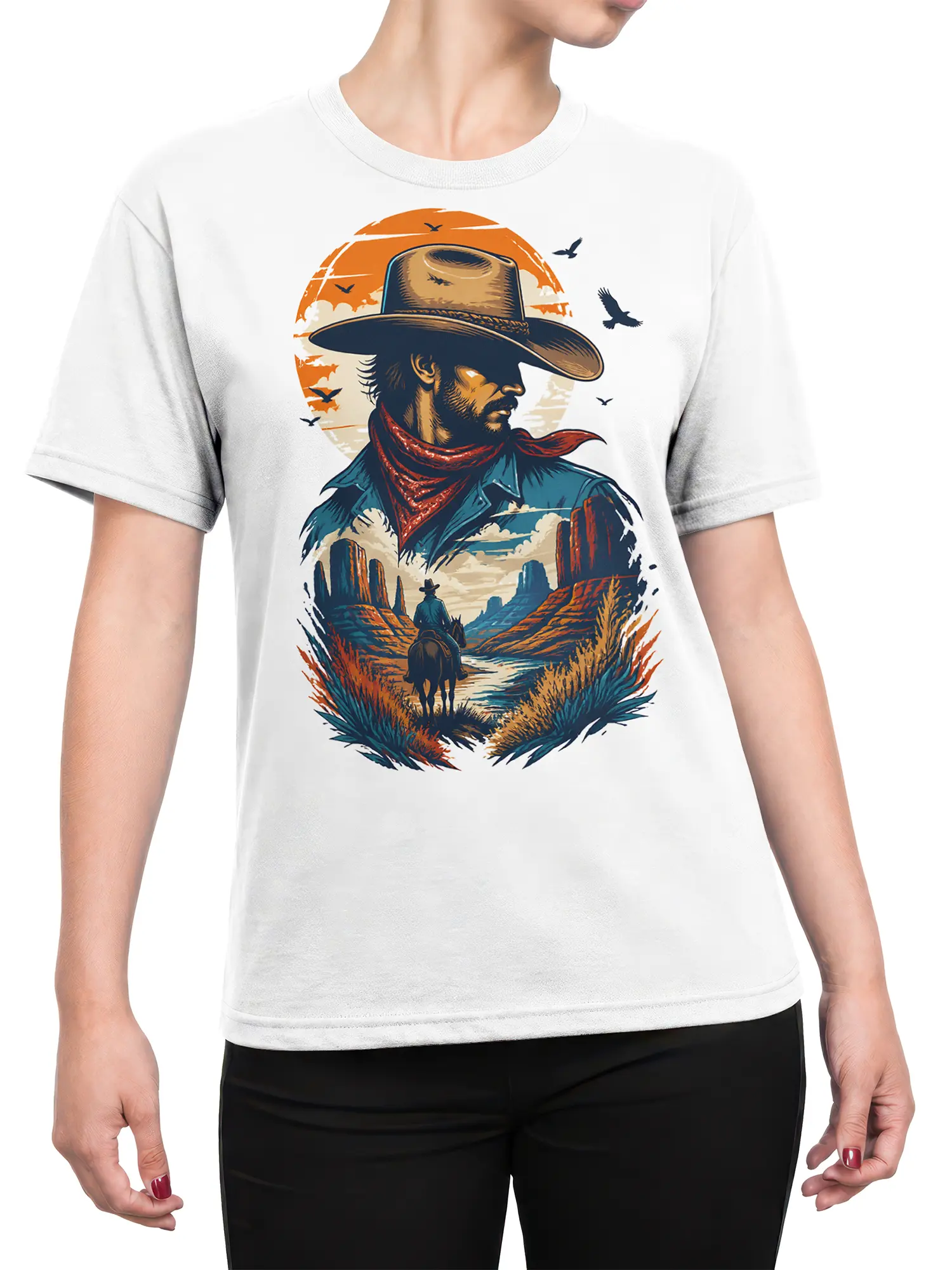 Female torso wearing a white cowboy t-shirt with western portrait, desert canyon, horseback rider, and birds