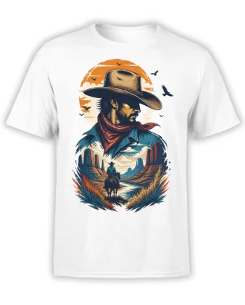 White cowboy t-shirt with vintage western portrait, horseback rider, canyon landscape, river, and birds