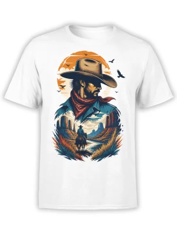 White cowboy t-shirt with vintage western portrait, horseback rider, canyon landscape, river, and birds