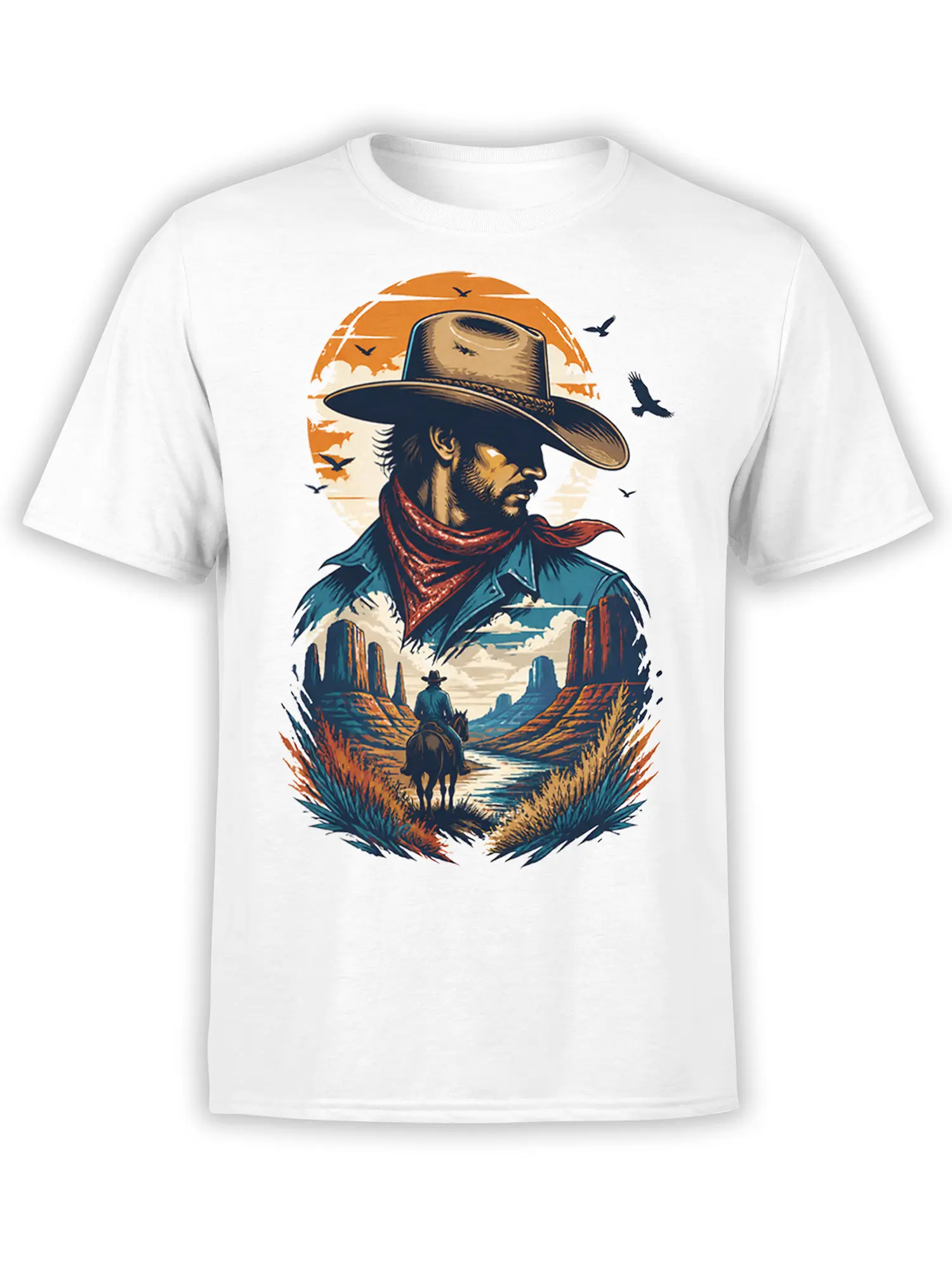 White cowboy t-shirt with vintage western portrait, horseback rider, canyon landscape, river, and birds