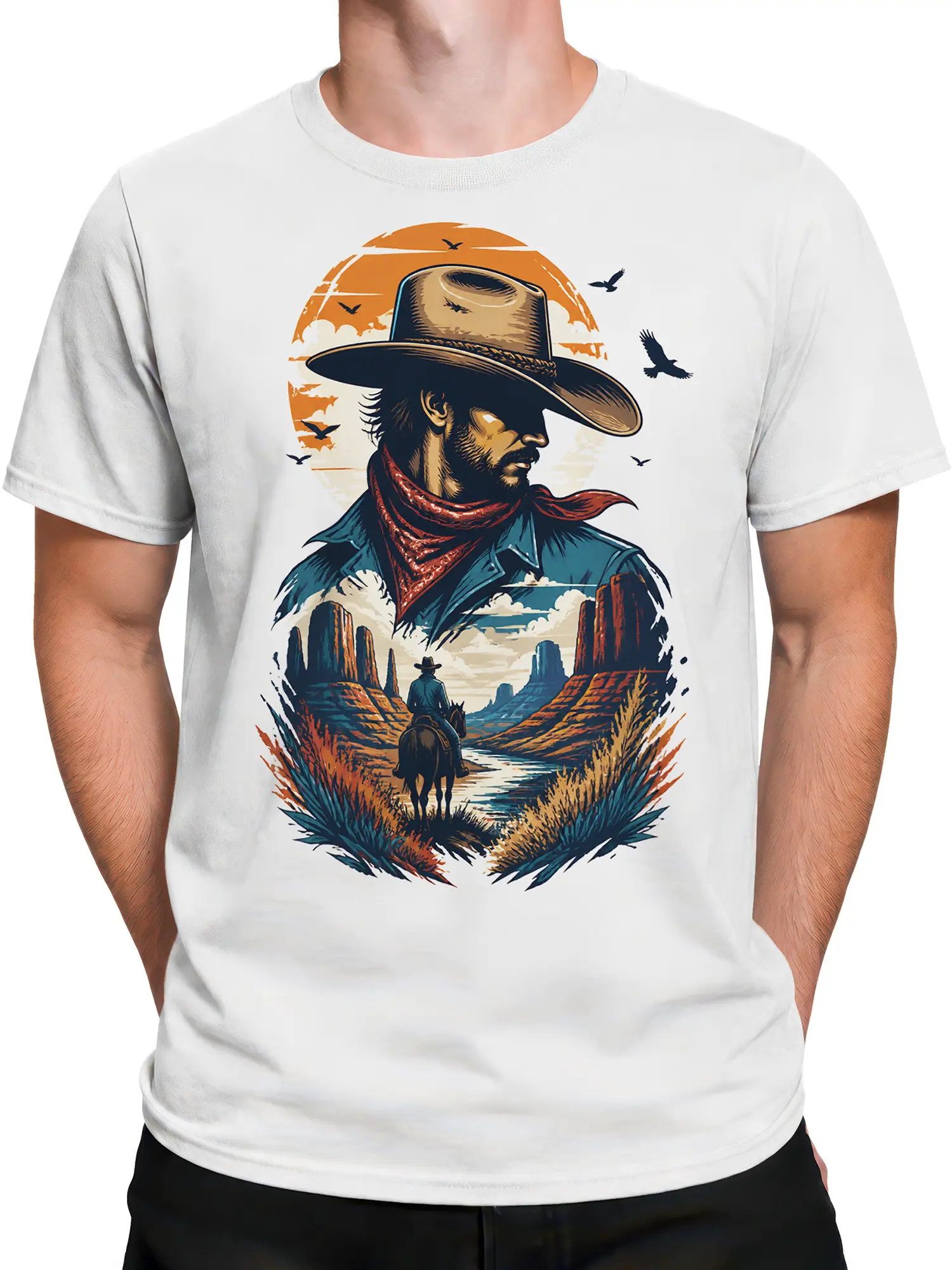 Male torso wearing a white western t-shirt with cowboy portrait, horse rider, canyon, river, and birds