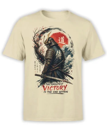 Beige samurai T-shirt with sword, Japanese wave, cherry blossoms, red sun, and inner victory quote