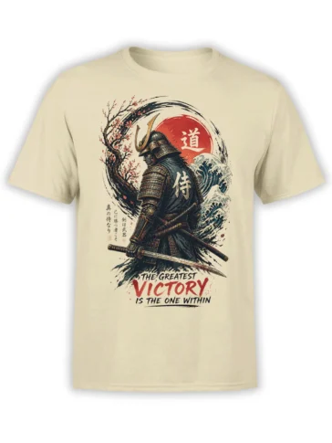 Beige samurai T-shirt with sword, Japanese wave, cherry blossoms, red sun, and inner victory quote