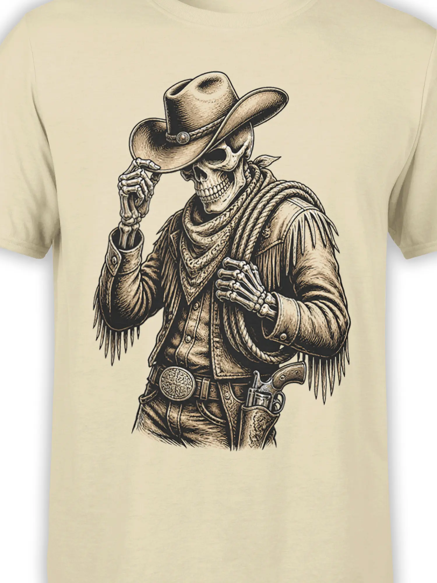 Close-up of the skeleton cowboy artwork with western hat, skull, fringe, and rope details on beige fabric
