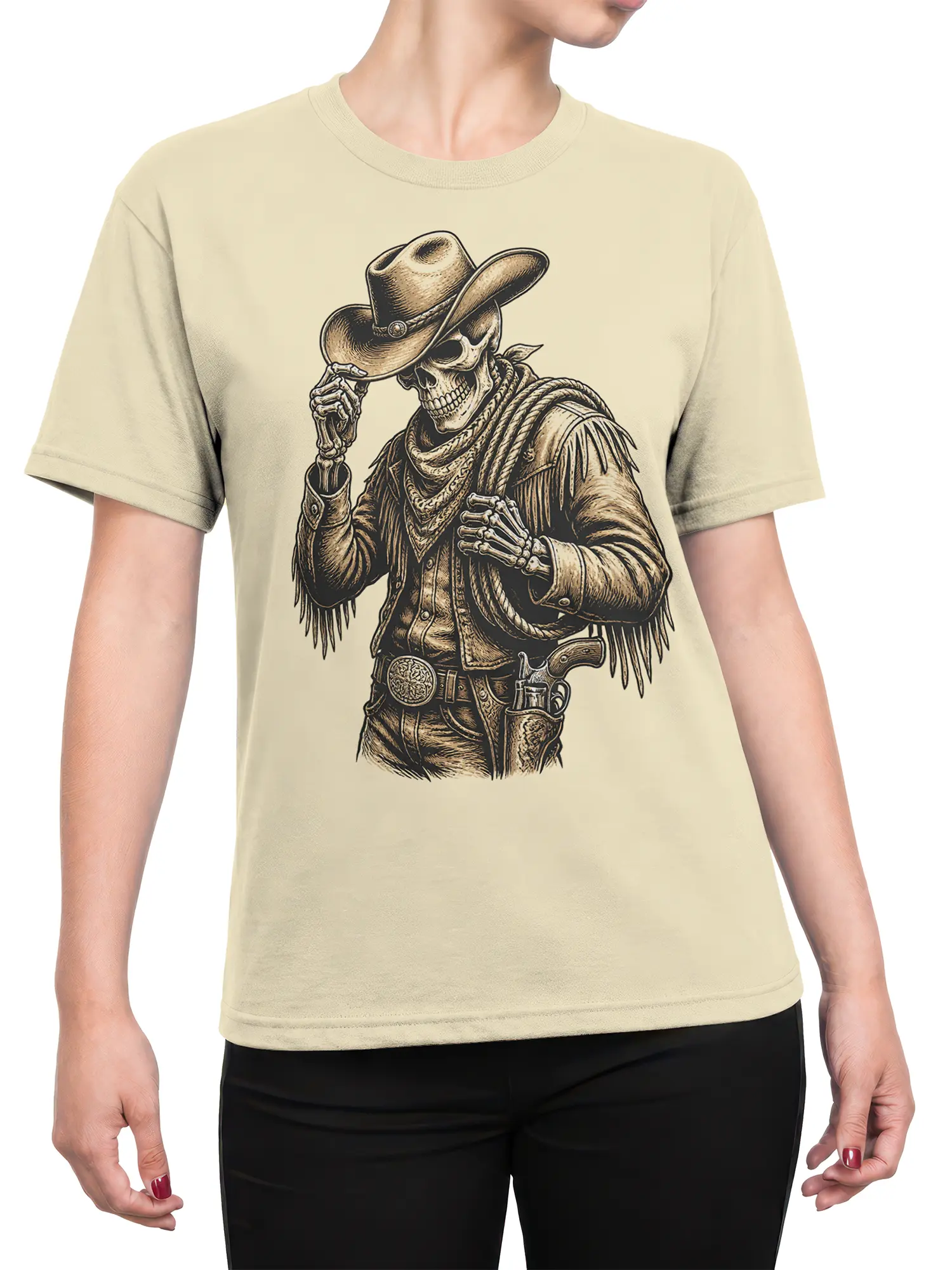 Female torso wearing a beige T-shirt with a vintage skeleton cowboy, western hat, fringe, and knife design
