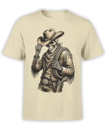 Skeleton cowboy tipping his hat on a detailed beige western T-shirt with fringe, belt buckle, and knife