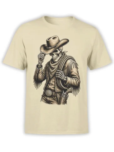 Skeleton cowboy tipping his hat on a detailed beige western T-shirt with fringe, belt buckle, and knife