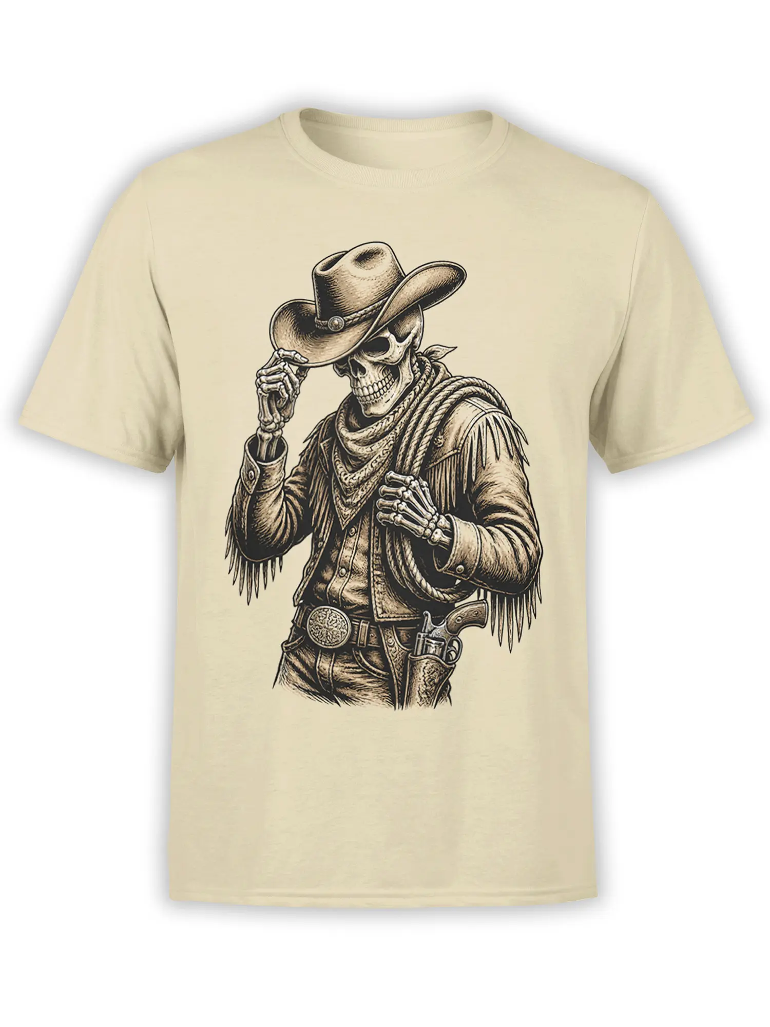 Skeleton cowboy tipping his hat on a detailed beige western T-shirt with fringe, belt buckle, and knife
