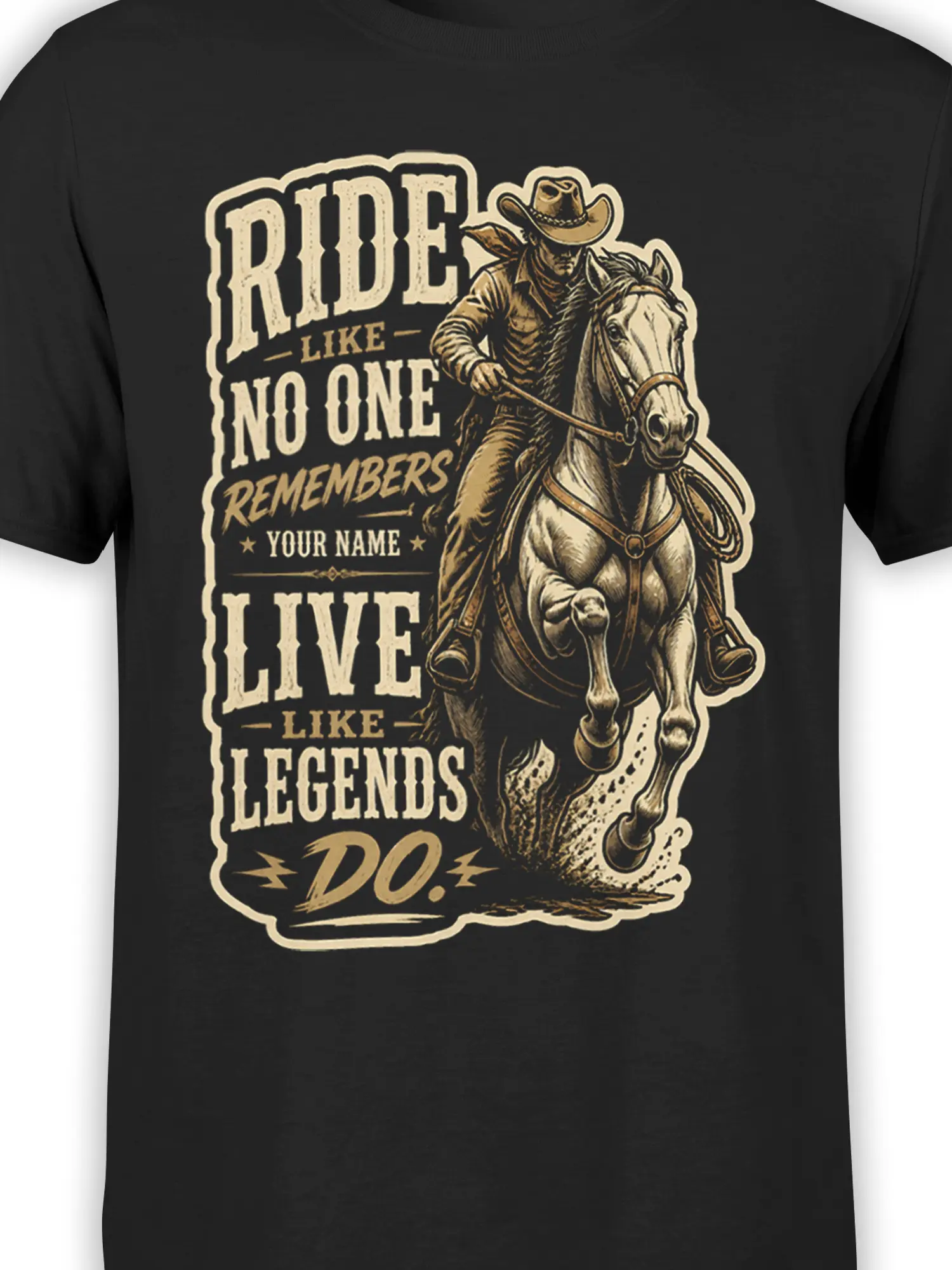 Close-up of cowboy and horse artwork with distressed western lettering on a black T-shirt
