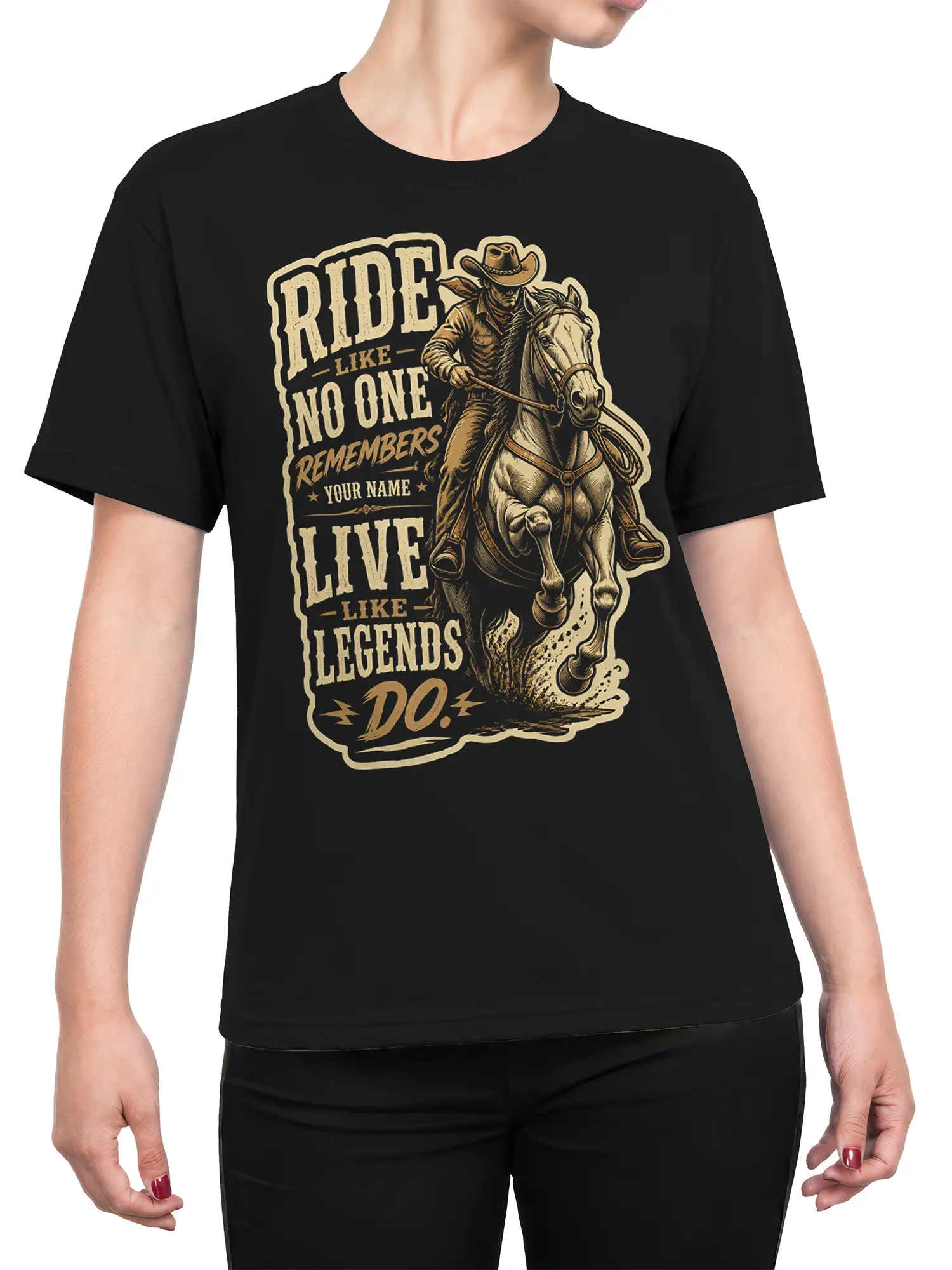 Female torso wearing a black cowboy and horse graphic T-shirt with vintage western lettering