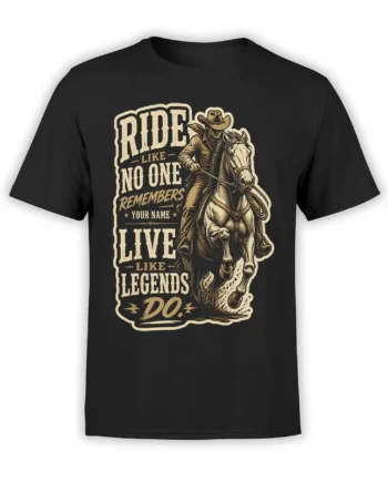 Vintage sepia cowboy riding a horse with bold western lettering on a black T-shirt