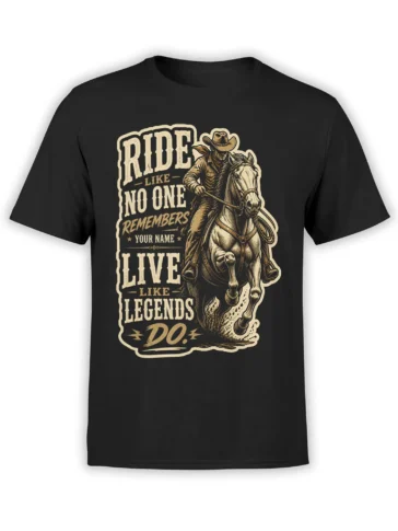 Vintage sepia cowboy riding a horse with bold western lettering on a black T-shirt