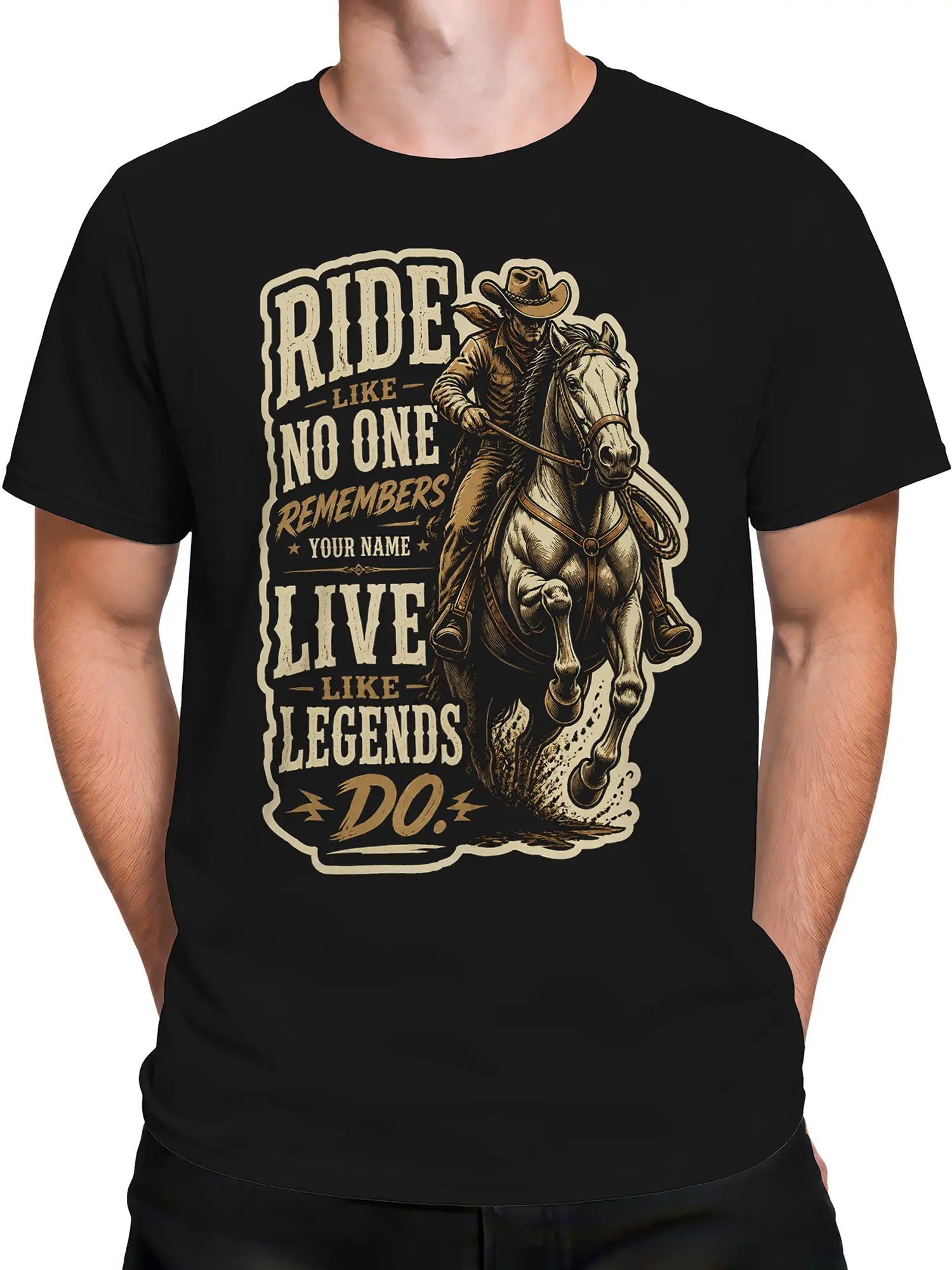 Male torso wearing a black vintage cowboy and horse T-shirt with western legend artwork