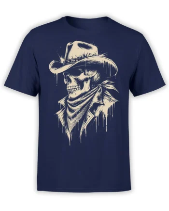Distressed cream cowboy skeleton wearing a hat and bandana on a navy T-shirt