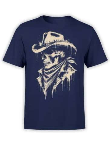 Distressed cream cowboy skeleton wearing a hat and bandana on a navy T-shirt