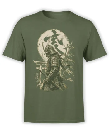 Olive green T-shirt with an armored samurai, sword, full moon, bamboo, and traditional gate artwork